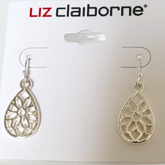 Liz Claiborne Silver Tone Teardrop Floral Earrings 1" - Picture 1 of 6